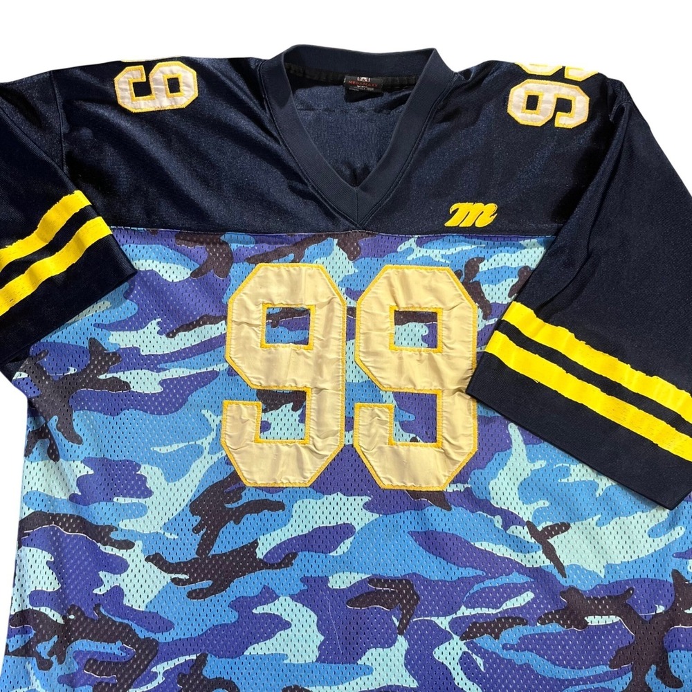 Vintage MGMX Megamaxx Sport Blue Camo Football Jersey 99 XXL Navy Yellow 90s Y2K